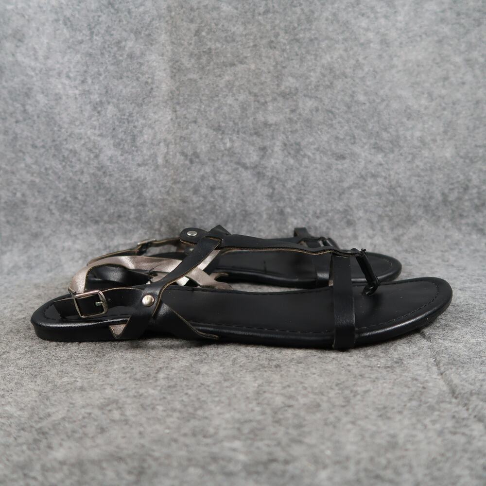 143 Girl Shoes Womens 7 Sandals Flats Casual Black Thong Ankle Strap Buckle Stud